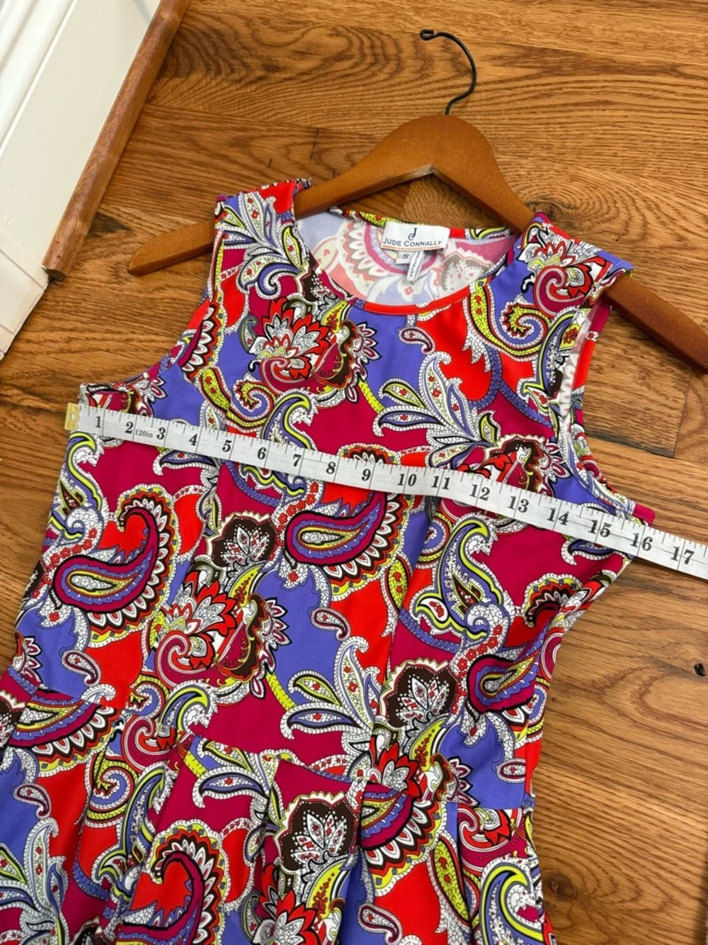 Jude Connally Pink Orange Paisley Floral Print Knit Fit Flare Mini Dress Small - Picture 10 of 10